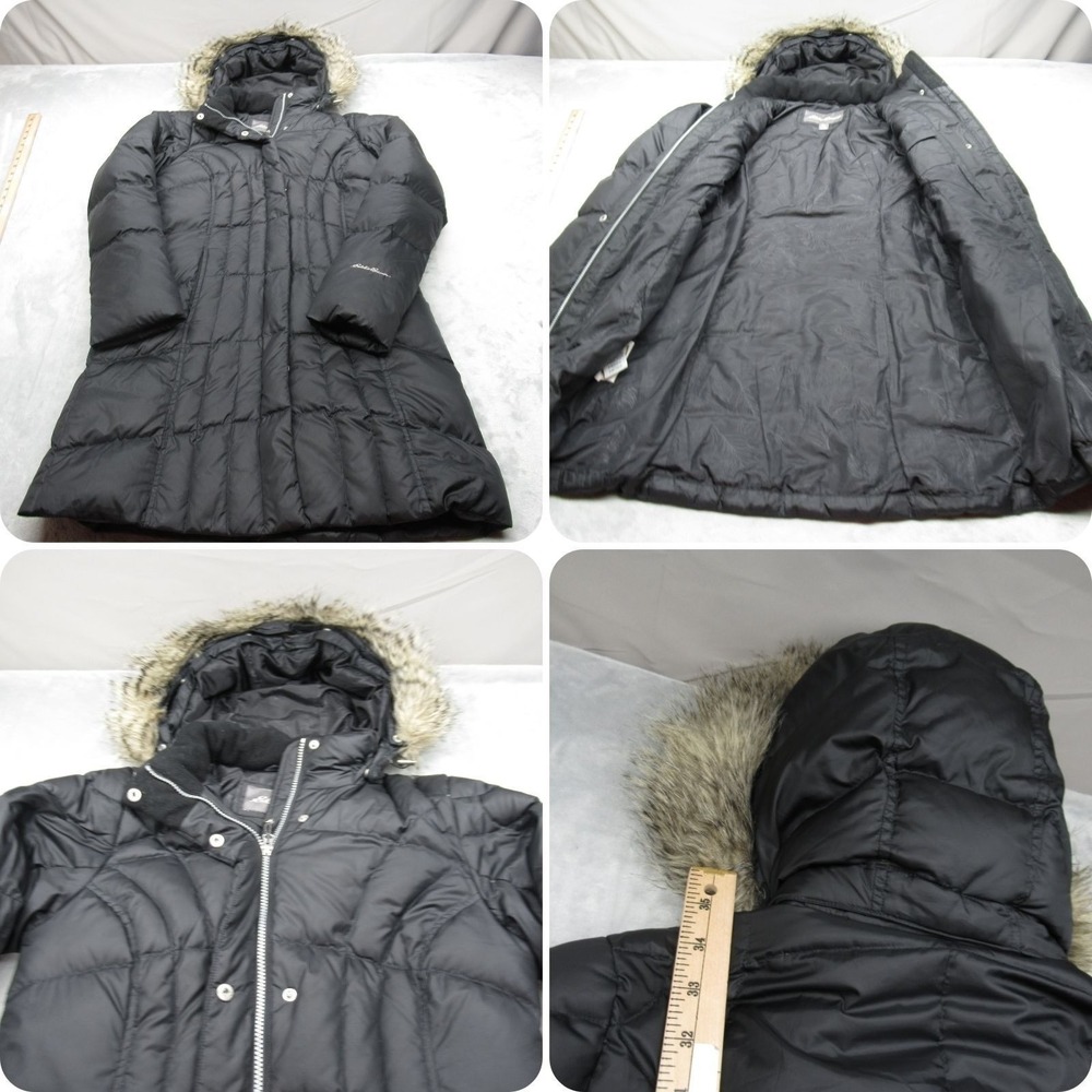 Eddie Bauer Down Jacket Women Small Black Puffer Lodge Down Parka Snap Off Hood
